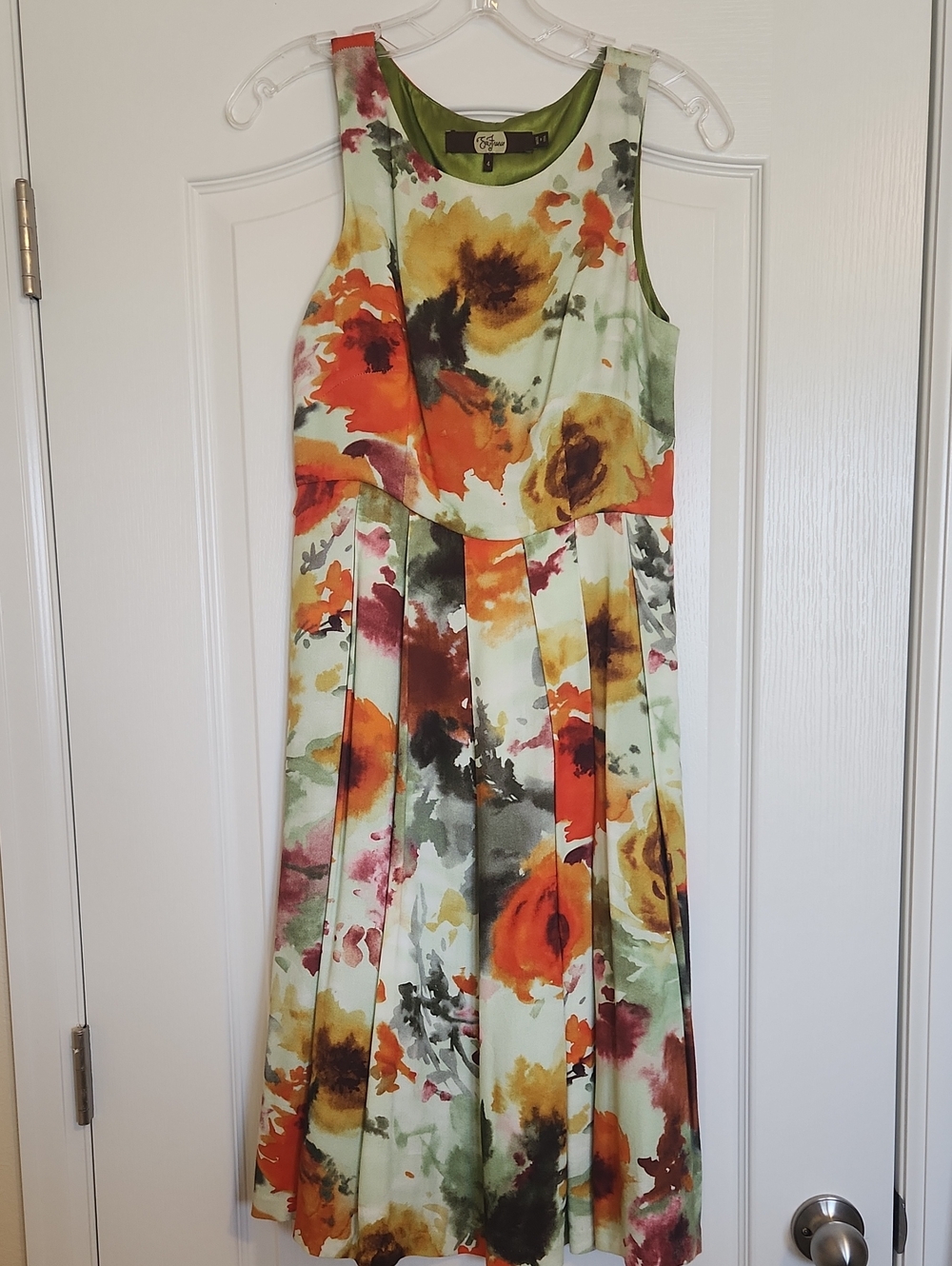 Eva Franco Floral Midi Dress in Mint Green, Orange, Yellow